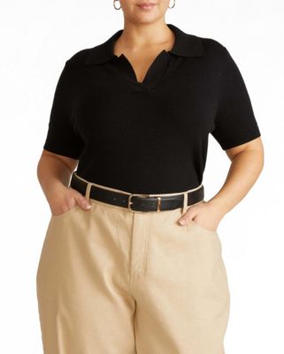 Women's Plus Size Savvy Fine Knit Short Sleeve Polo Sweater