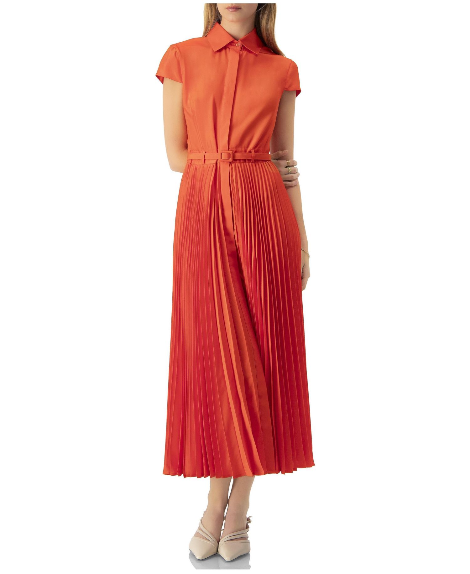 Women's Short Sleeve Shirt Style Pleated Maxi-Dress