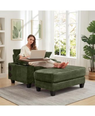 Corduroy Sofa Bed with Ottoman, Bluetooth, USB, Rotating Table