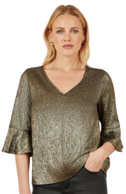 Women's Fluted Sleeve Metallic Stretch Top