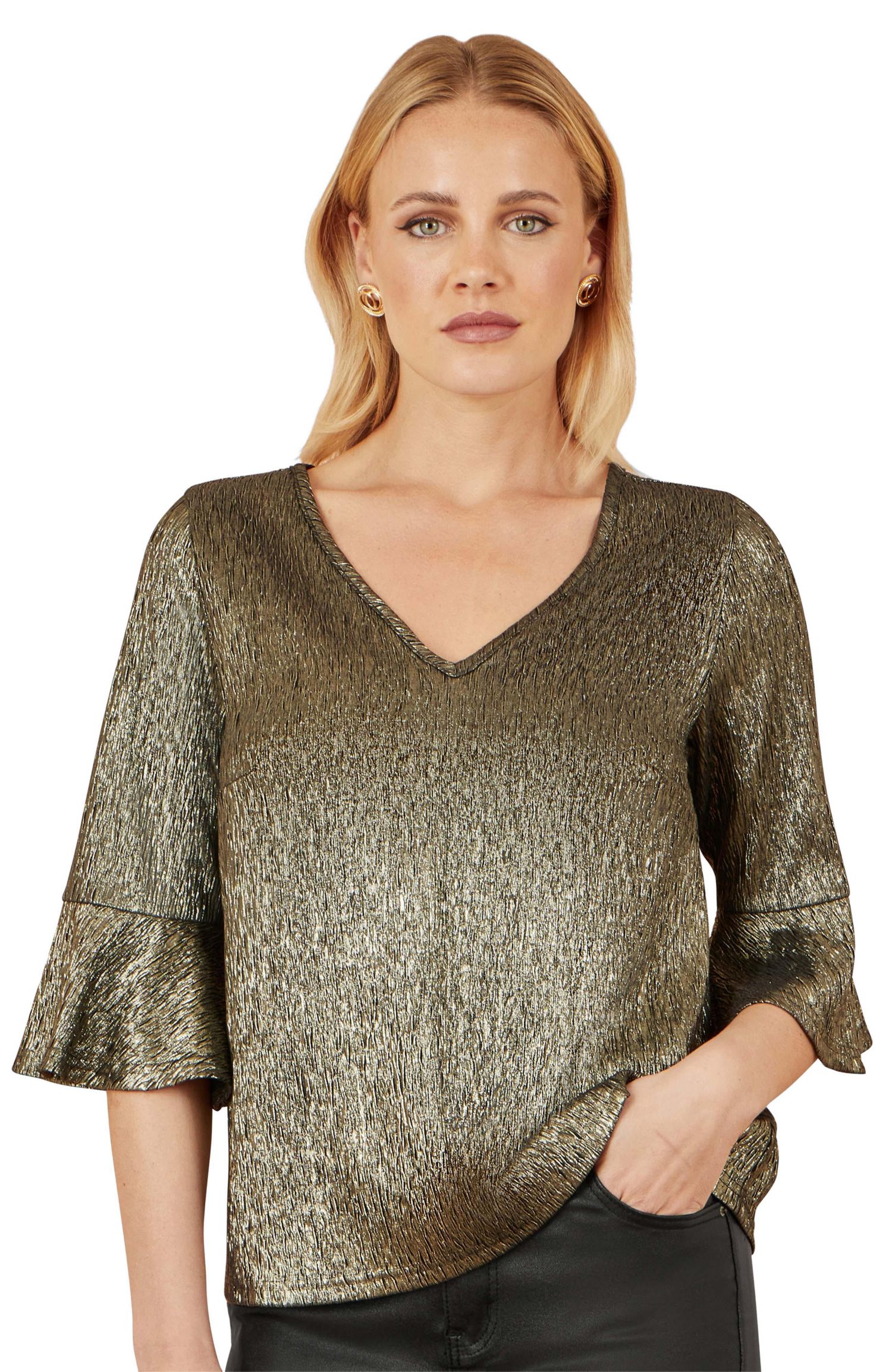 Women's Fluted Sleeve Metallic Stretch Top