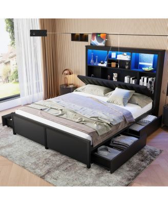 Queen Bed Frame With Storage Headboard, LED, Charging, 4 Drawers
