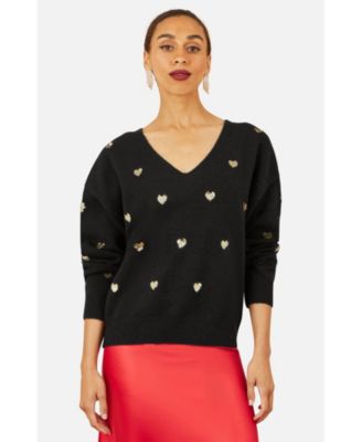 Women's Sequin Heart V-Neck Jumper