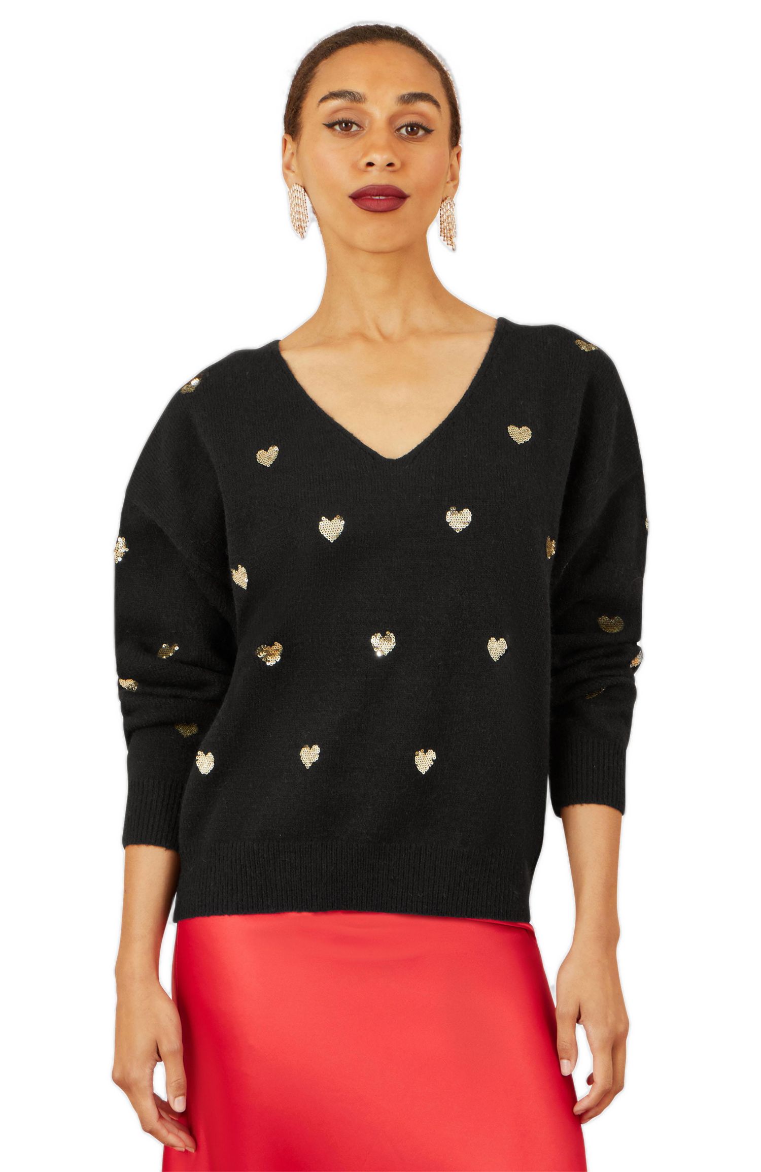 Women's Sequin Heart V-Neck Jumper