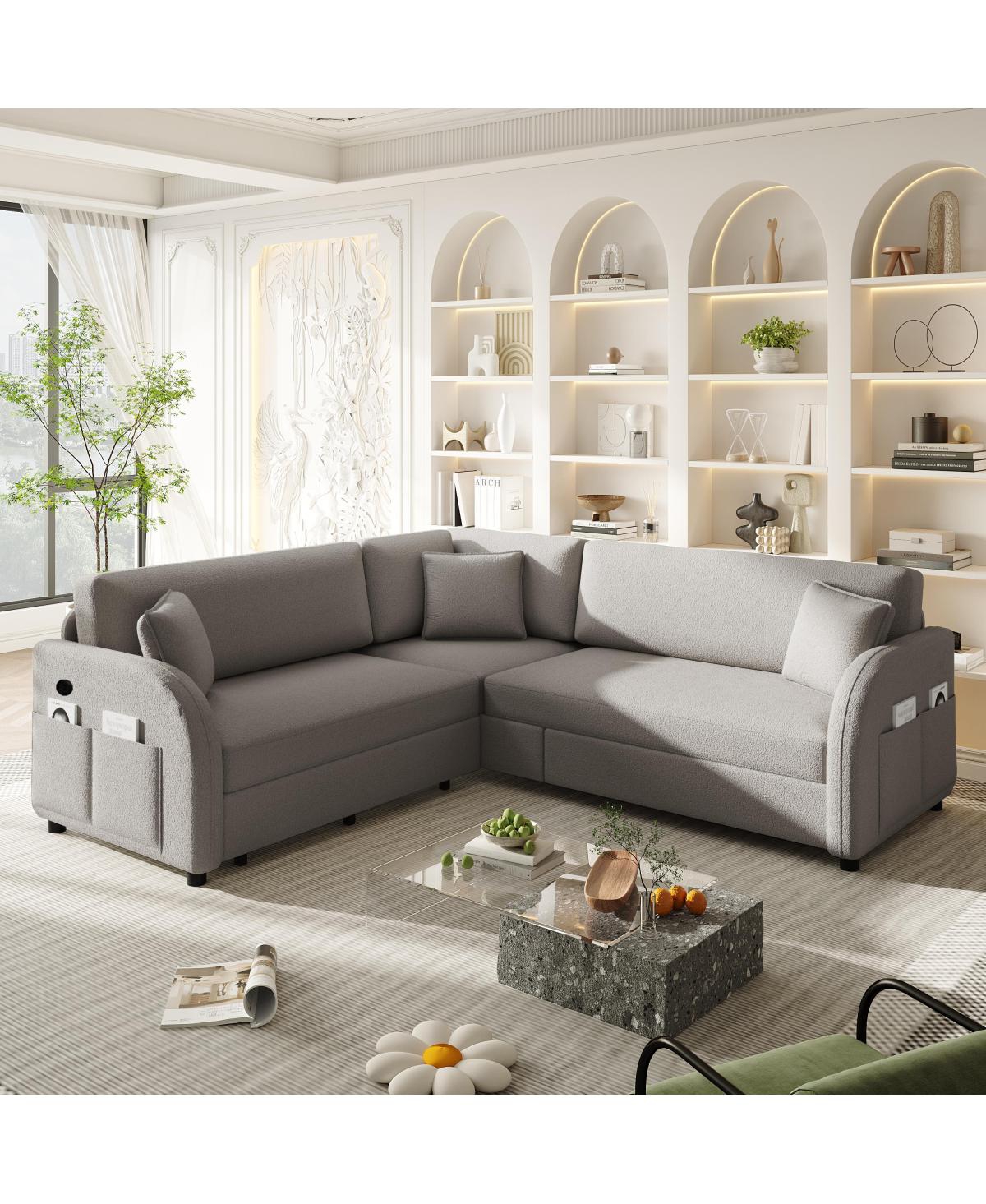Streamdale Furniture L-Shaped Sofa with Pull-Out Bed, Teddy Upholstered Sectional