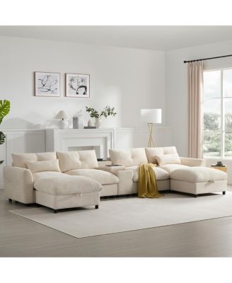 136" Modular Sectional Sofa with Console, Cup Holder & USB Charger, Ottoman