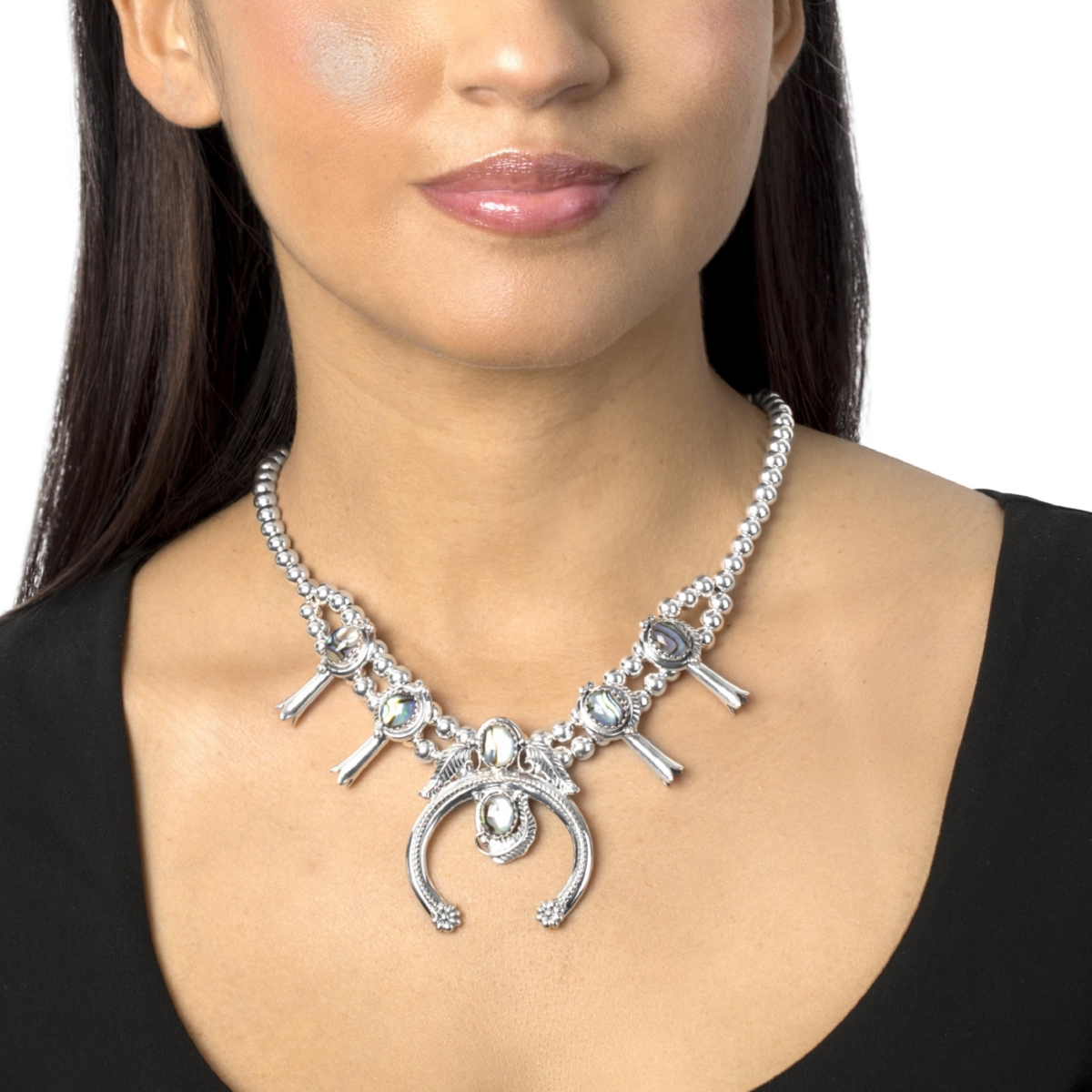 American West Jewelry Sterling Silver Abalone Shell Squash Blossom Necklace