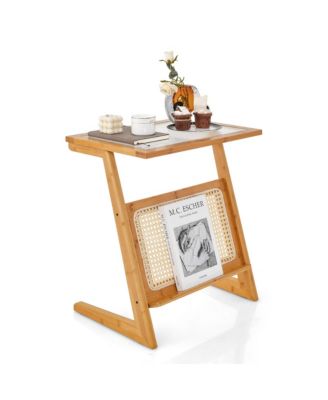 Z-shaped End Table Glass Top Bamboo Side Table w/ Magazine Rack and Rattan Shelf