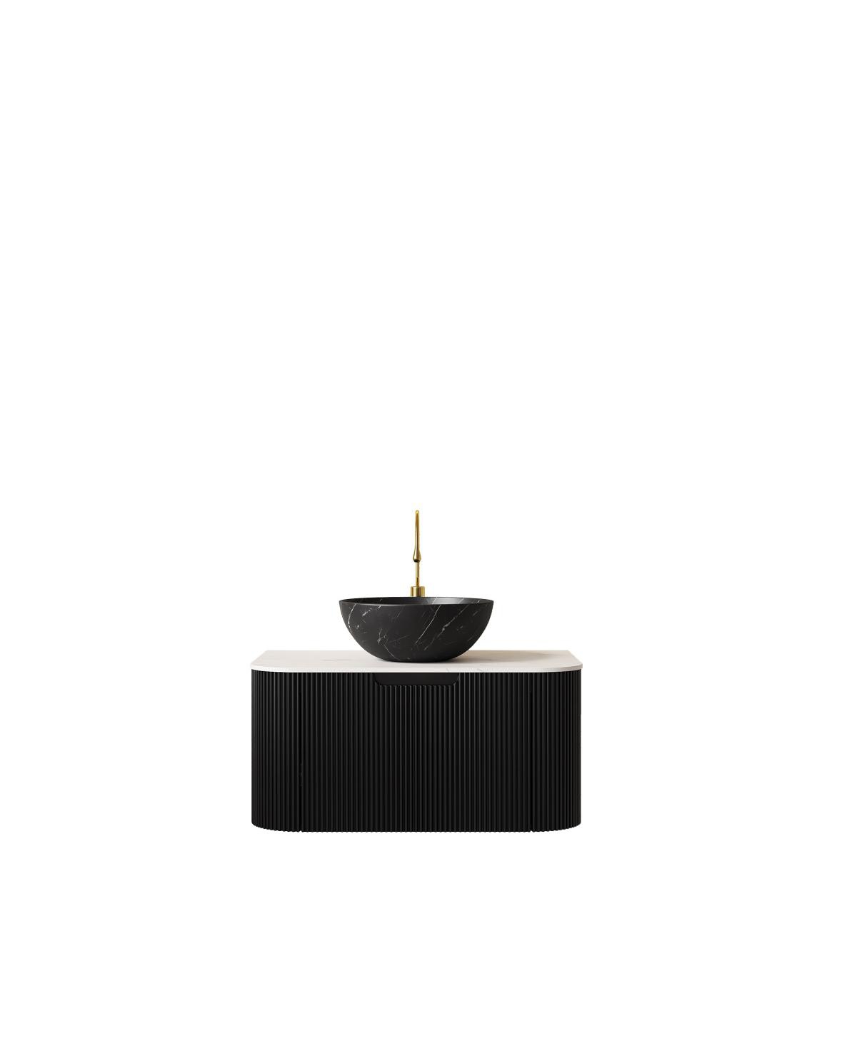 Sillysis Wall Mounted Bathroom Vanity, Carrara Sintered Stone Top , Striped Plywood Cabinet