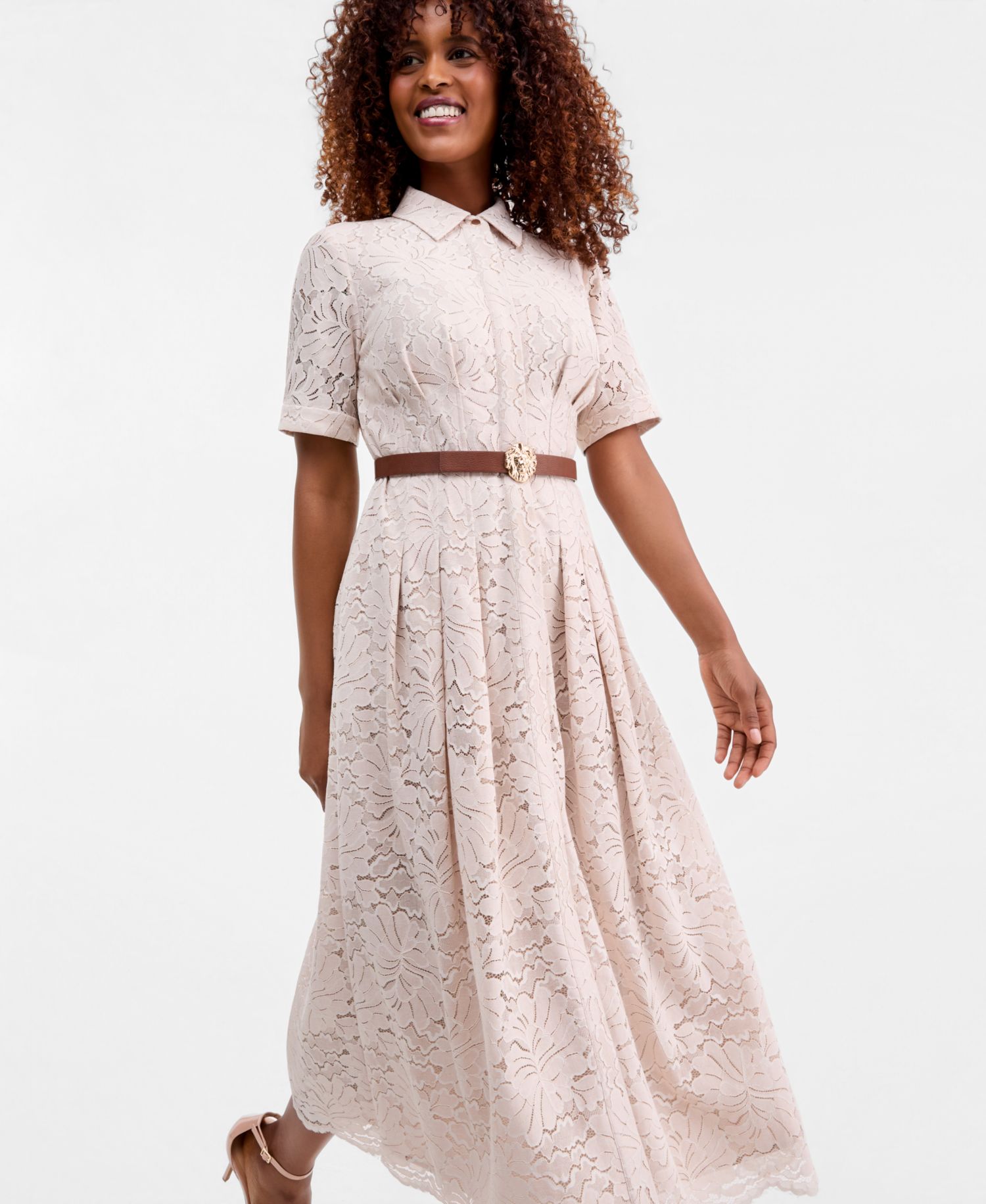 Women's Floral Lace Belted Shirtdress