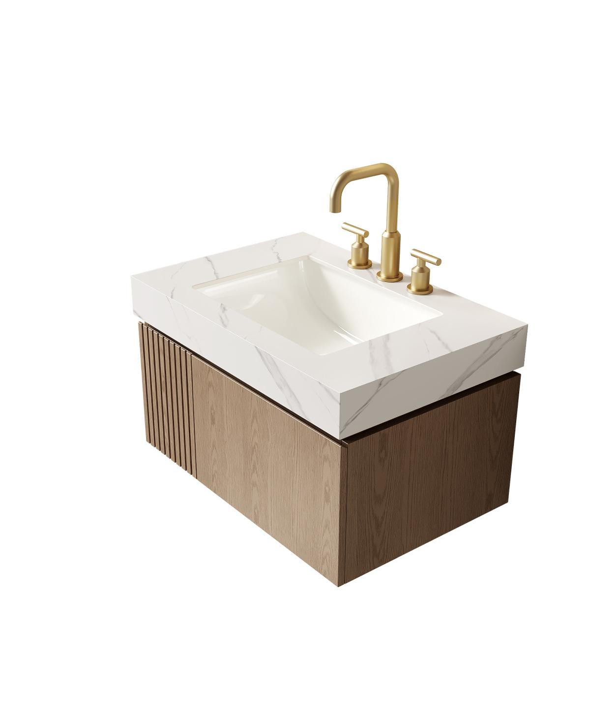 Sillysis Wall Mounted Bathroom Vanity, Carrara Sintered Stone Top, 3-Hole Ceramic Sink, Soft Close Cabinet