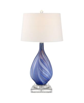 Taylor Modern Table Lamp with Square Riser 30 1/2" Tall Blue Art Glass White Fabric Drum Shade for Bedroom Living Room Bedside