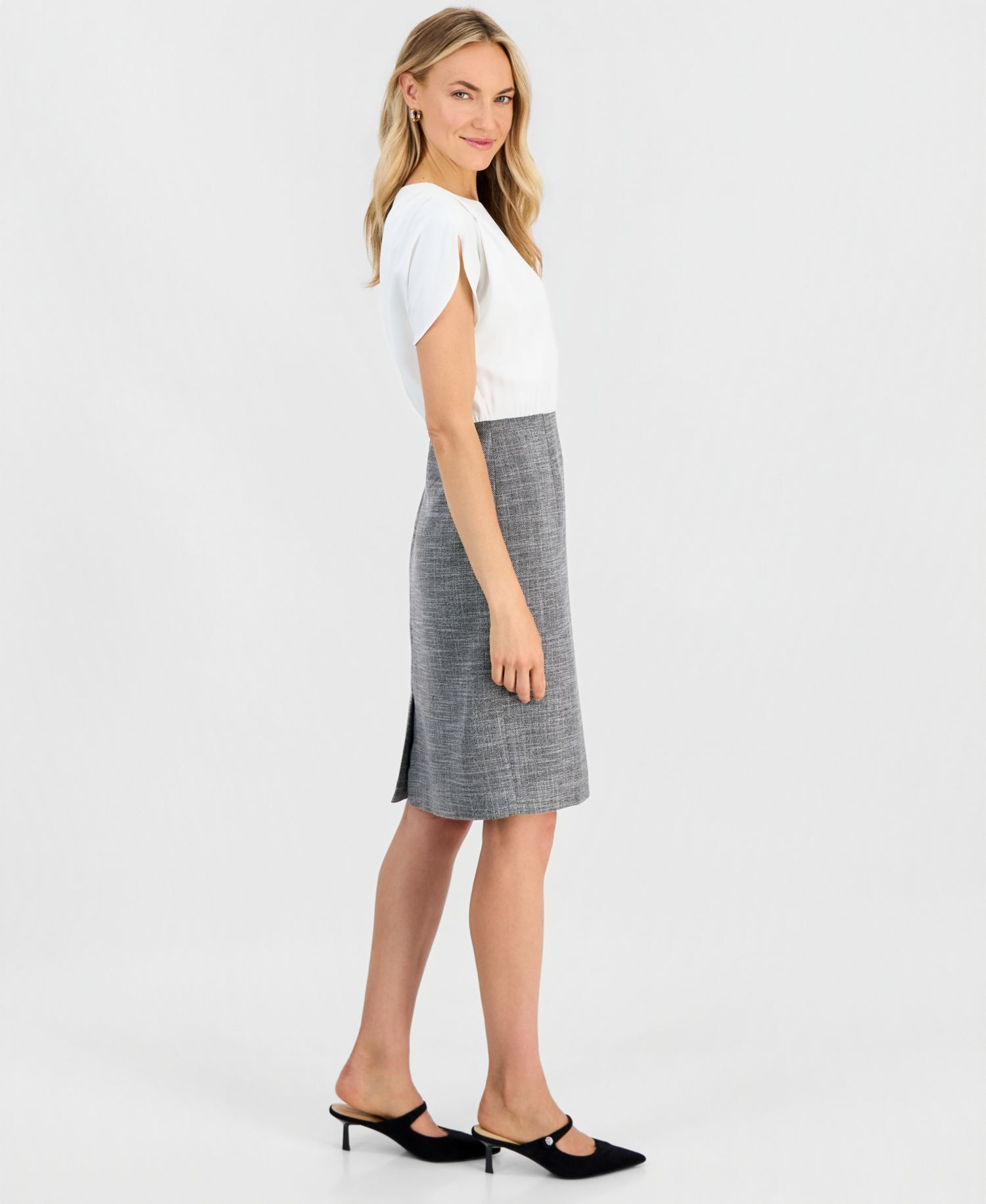 Petite Mixed-Media Tulip-Sleeve Sheath Dress
