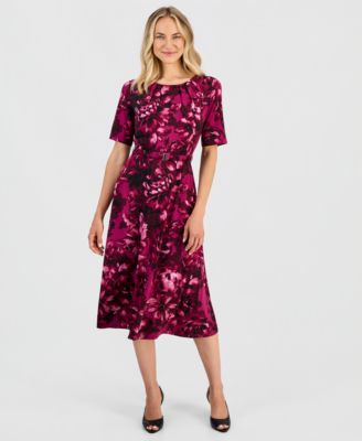 Women's Pleat-Neck Belted Short-Sleeve Dress