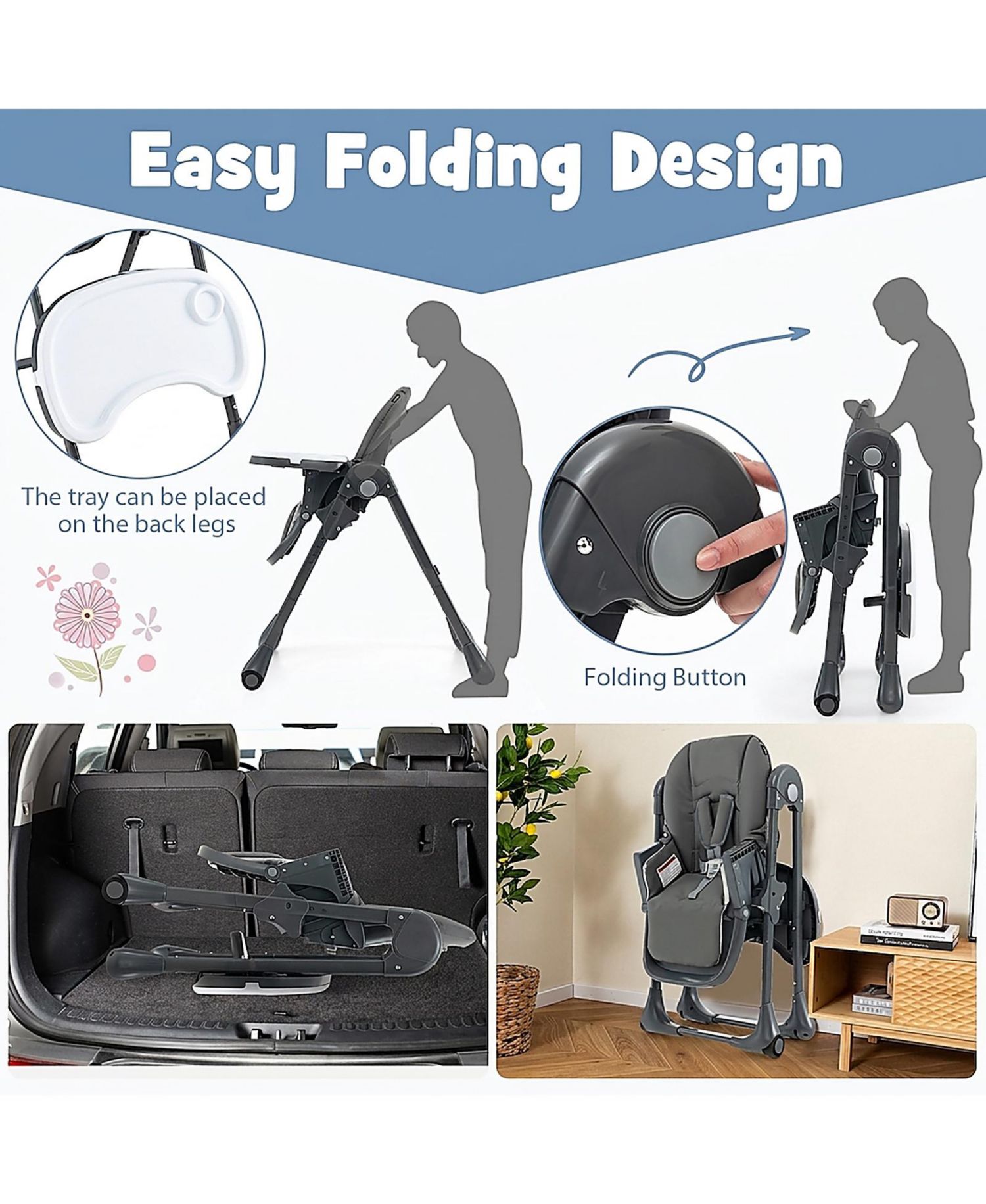 Baby 3-in-1 Convertible High Chair with 7 Heights and Dual Food Tray