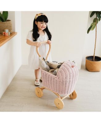 Colette Handcrafted Rattan Doll Stroller with Wooden Wheels and Toy Mattress