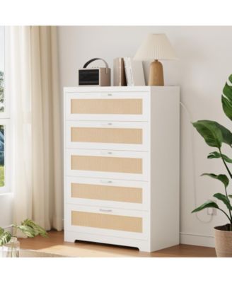 5 Drawer Rattan Dresser with Power Outlets, Tall Wood Storage Chest for Bedroom