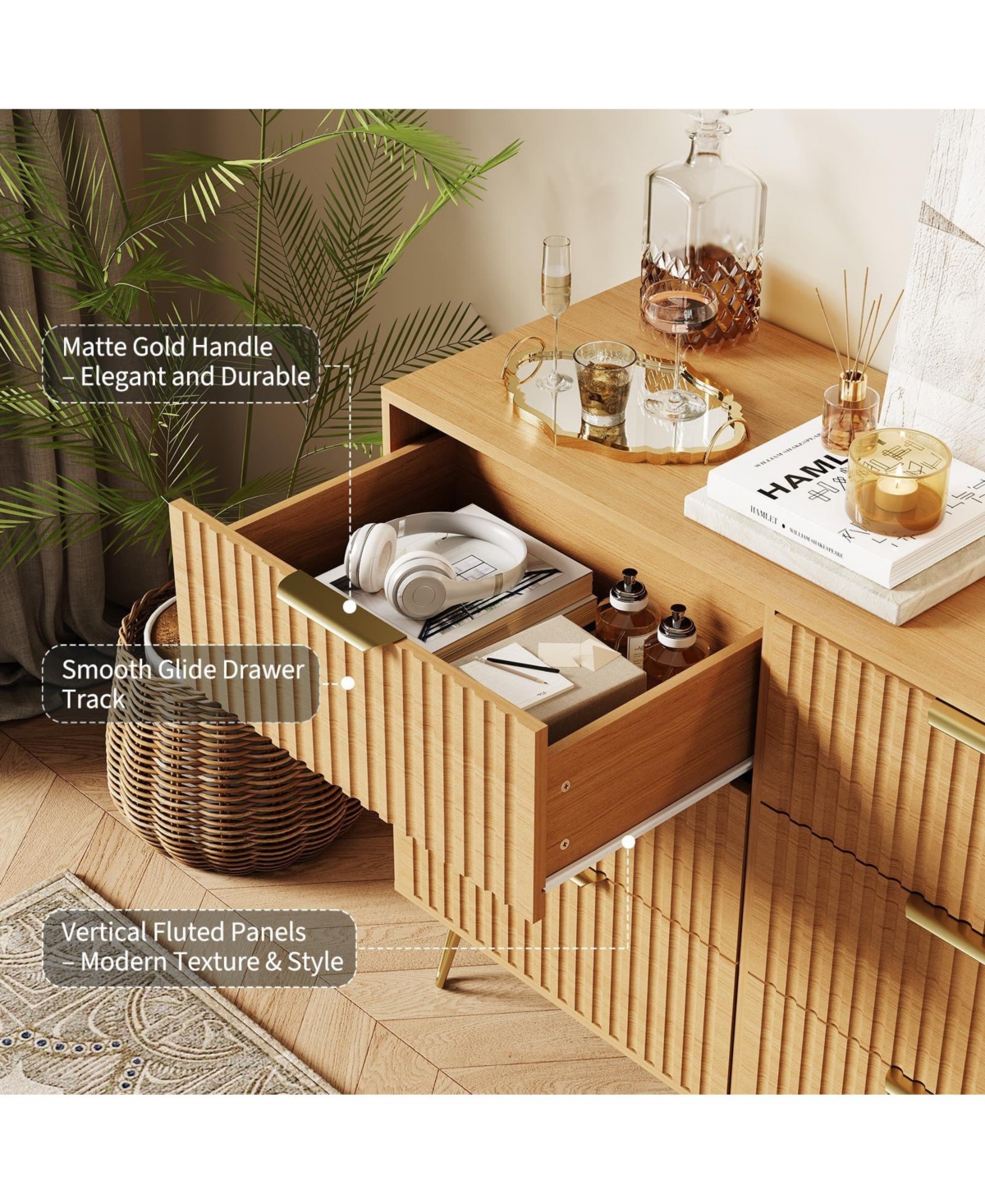 gaomon Fluted 9 Drawer Dresser for Bedroom, 63" Wide Wood Chest with Metal Handles Storage Cabinet