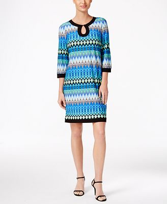 Printed Three Quarter Sleeve Blue Sheath Dress