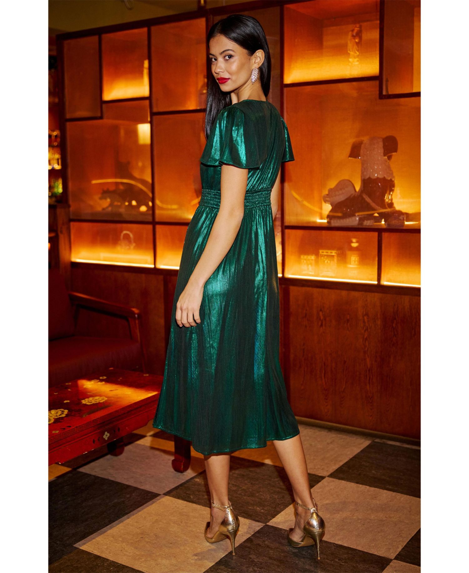 Women's Metallic Ruched Midi Dress