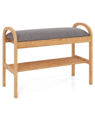 Wicker Shoe Bench with Cushion and 2 Tier Storage Rack
