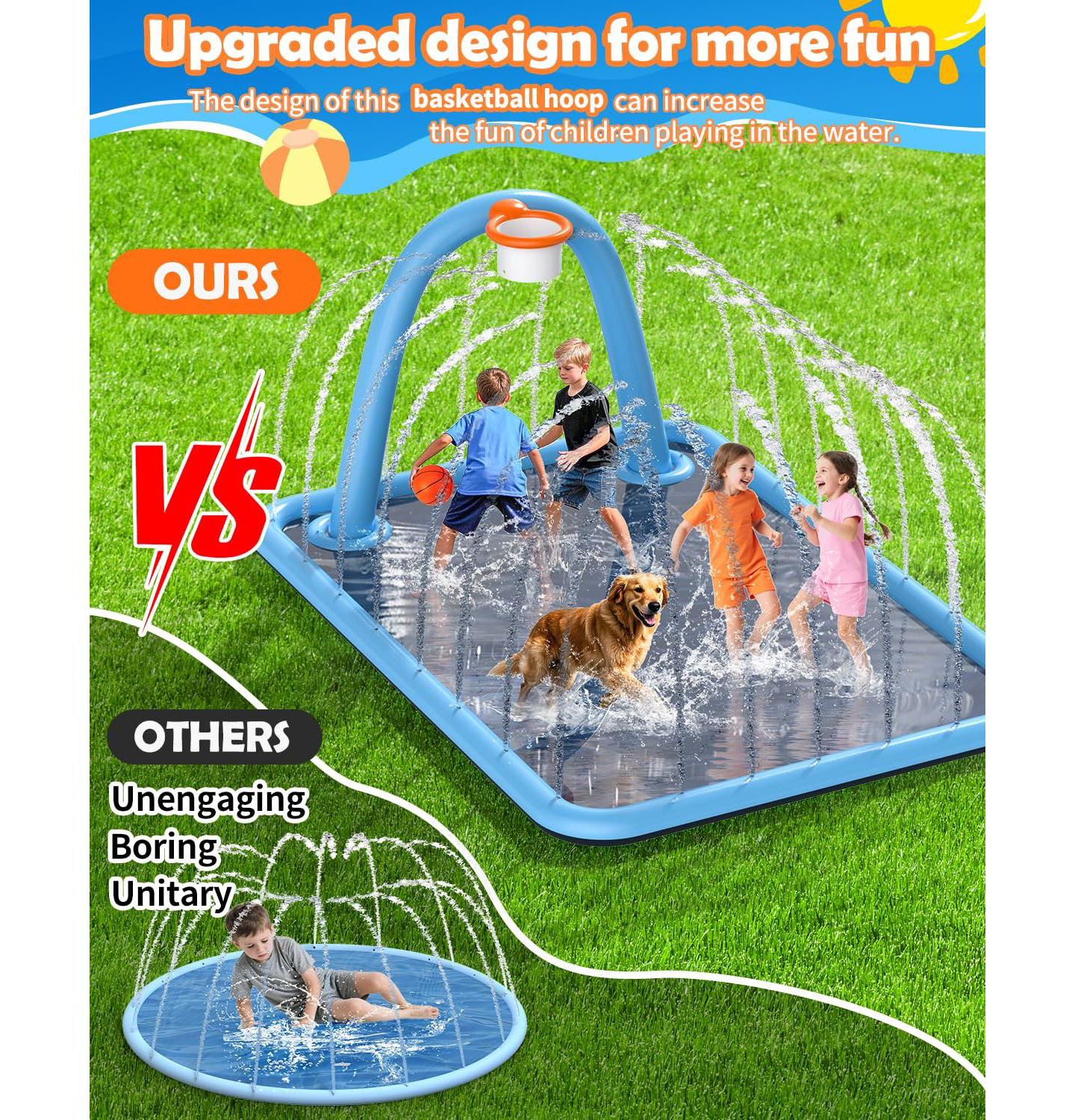 Детская игрушка GNUADZ Splash Pad with Basketball Hoop 102"L Non-Slip PVC 3-in-1 Water Play, Ages 4+ — фото 4