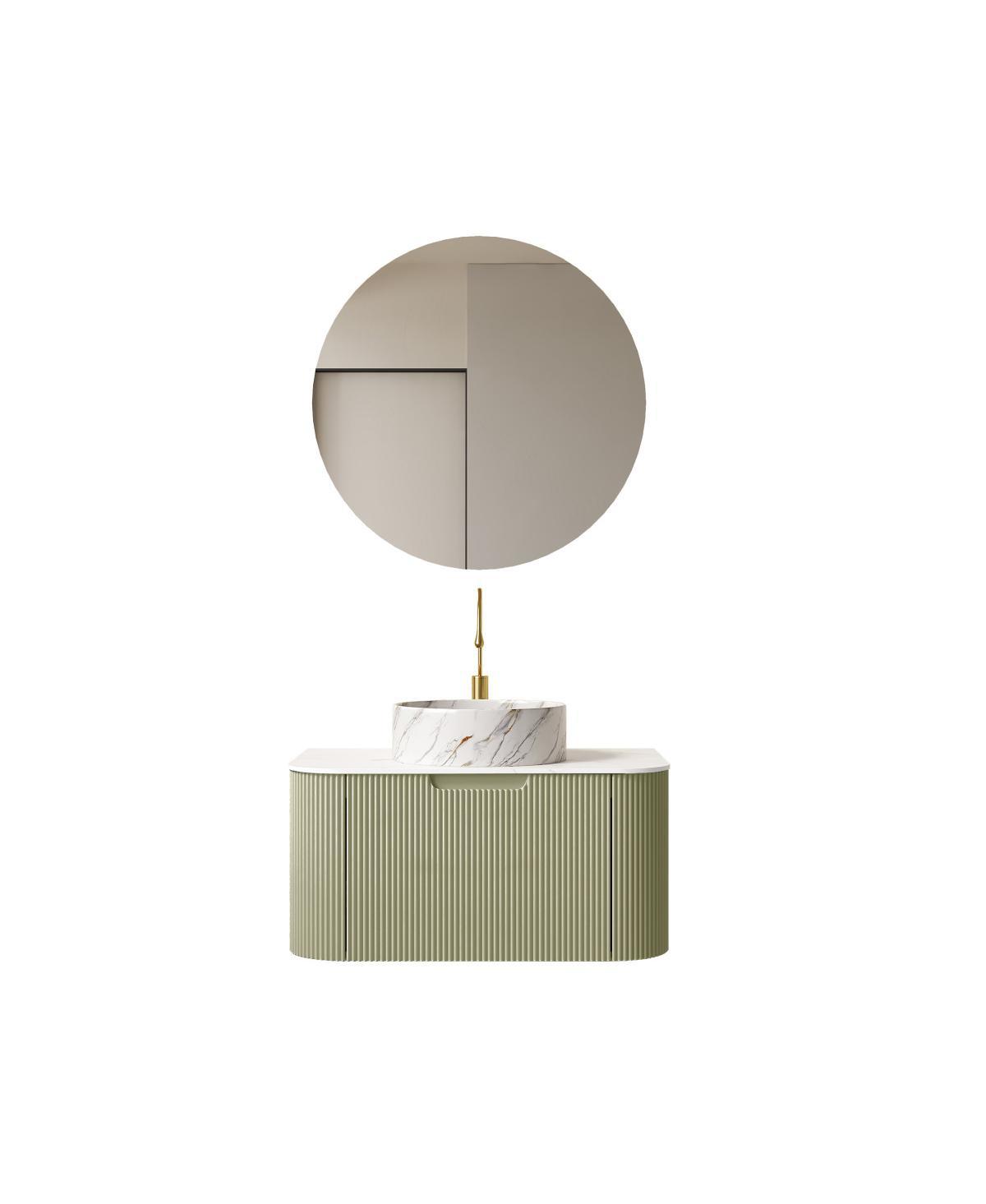Sillysis Wall Mounted Bathroom Vanity, Artificial Marble Top with Round Ceramic Basin, 3D Striped Plywood Cabinet