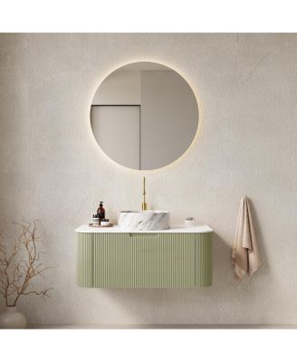 Wall Mounted Bathroom Vanity, Artificial Marble Top with Round Ceramic Basin, 3D Striped Plywood Cabinet, Pre-assembled