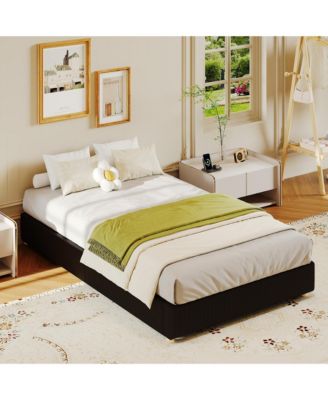 Upholstered Low Platform Bed Frame with Round Wood Legs, No Headboard, Wood Slat Support, No Box Spring Needed