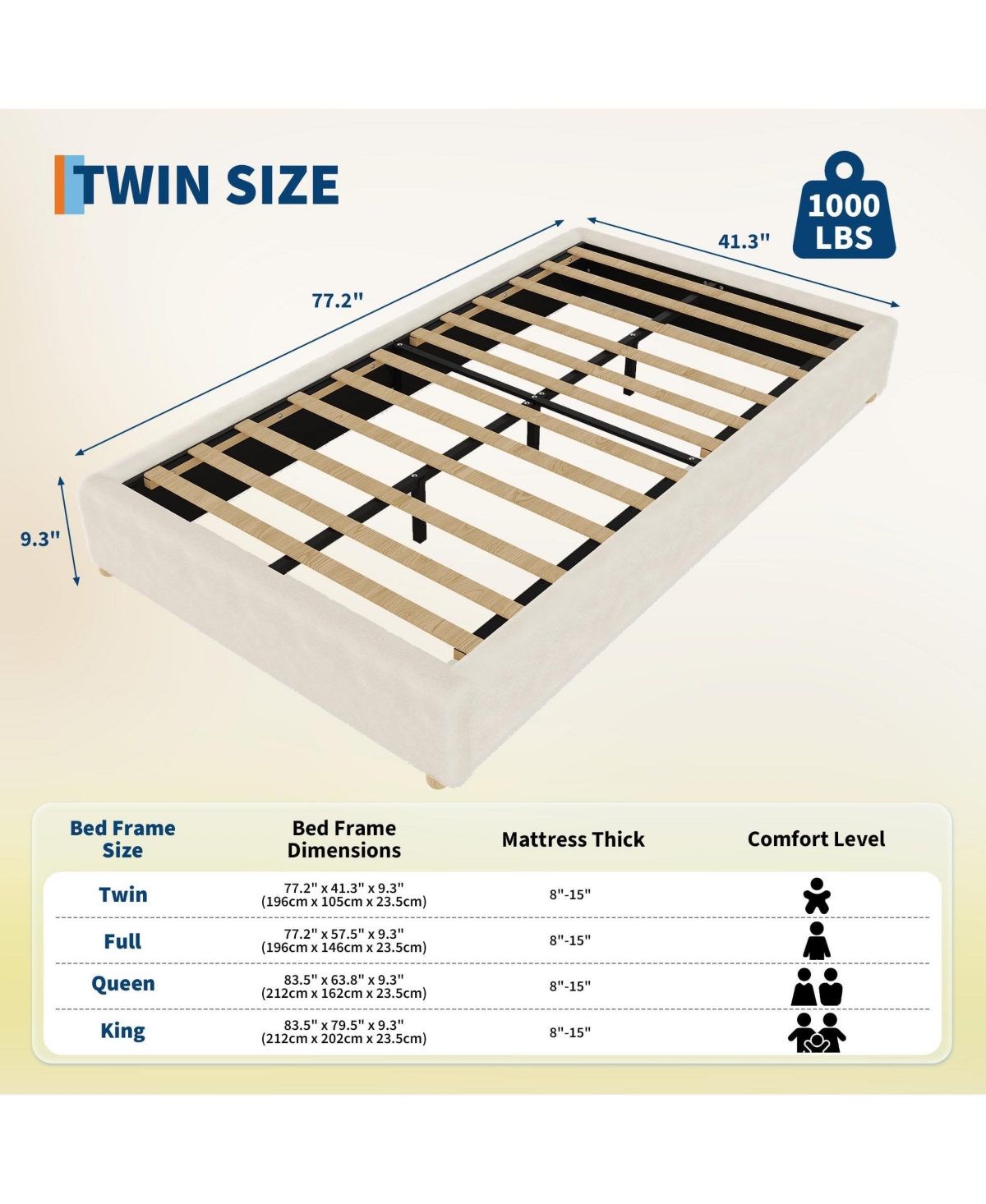 homfan Upholstered Low Platform Bed Frame with Round Wood Legs, No Headboard, Slat Support