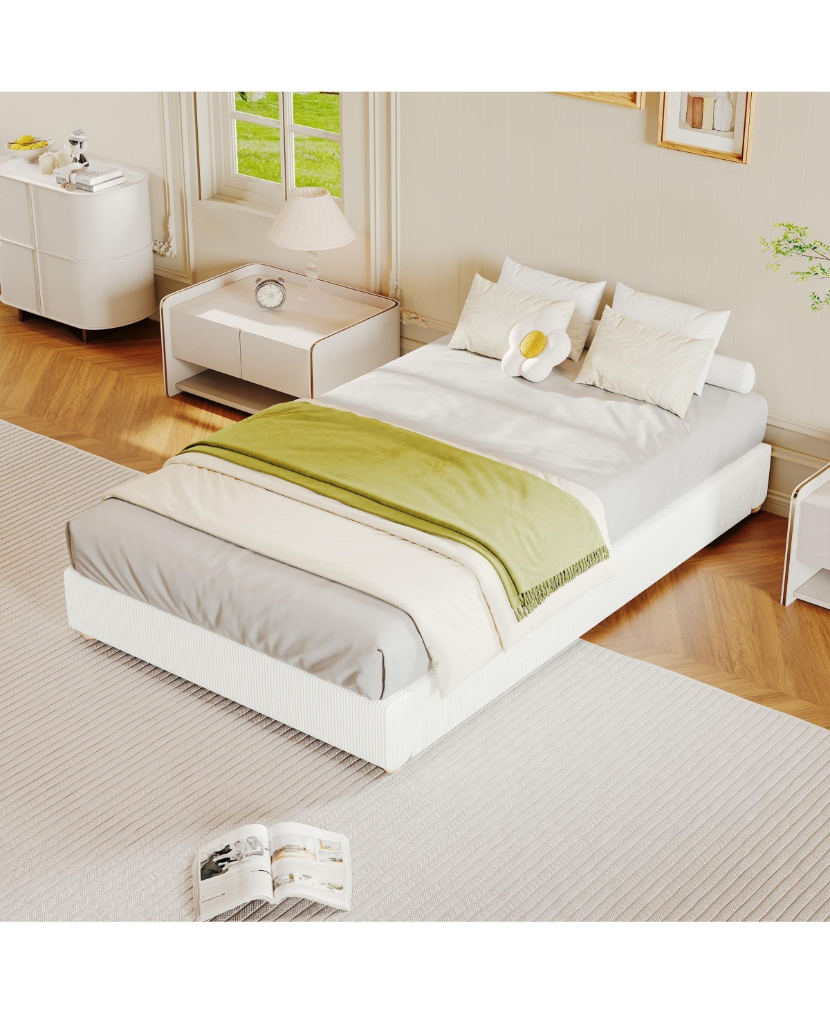 homfan Upholstered Low Platform Bed Frame with Round Wood Legs, No Headboard, Slat Support
