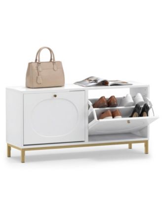 Shoe Storage Bench, Narrow Entryway Bench with 2 Flip Drawers and Adjustable Shelves