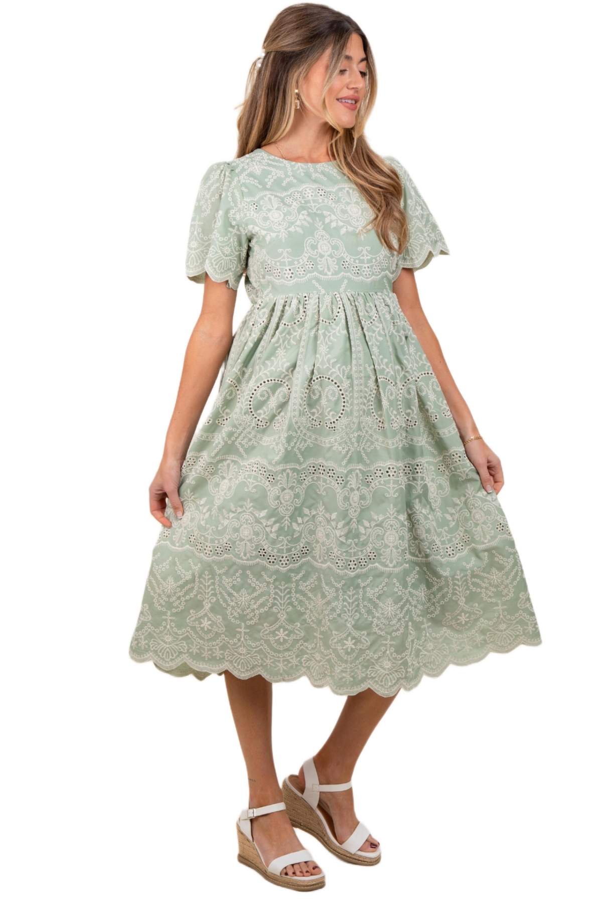 Pinkblush Maternity Light Olive Floral Embroidered Tied Waist Midi Dress