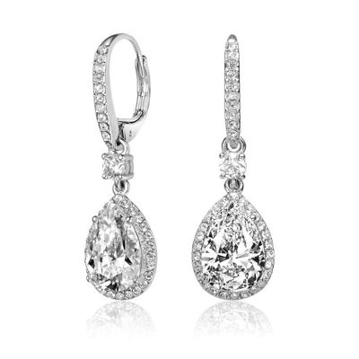 Brilliant White Gold Plated CZ Halo Pear Drop Earrings
