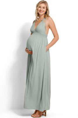 Maternity V-Neck Tie Strap Empire Waist Maxi Dress with Pockets