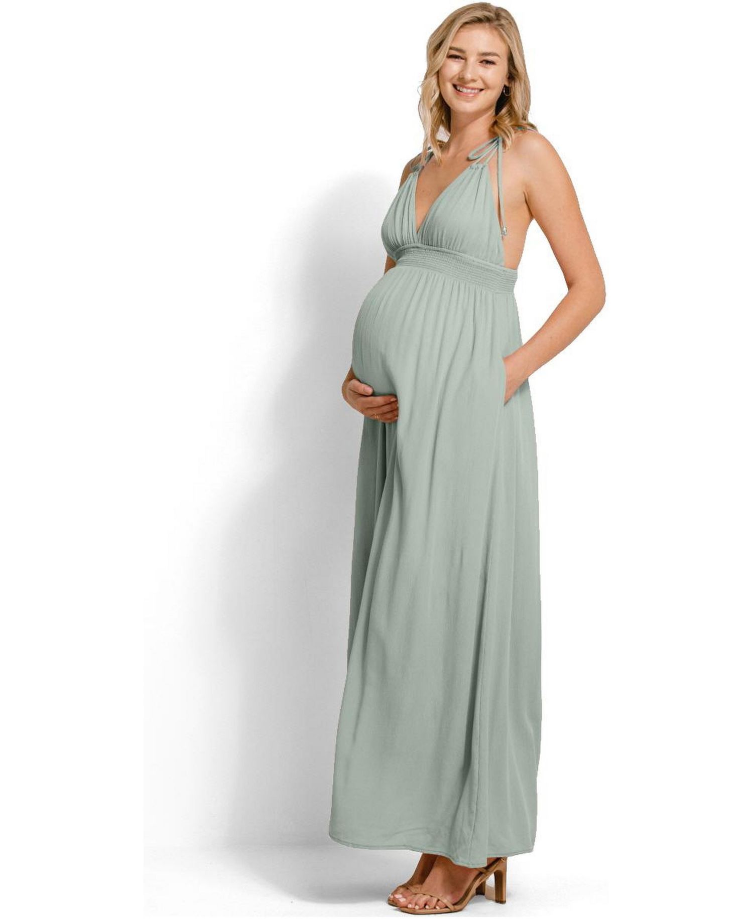 Women's V-Neck Tie Strap Empire Waist Maxi Dress with Pockets
