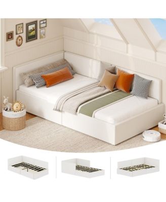 Upholstered Corner Bed Frame with Headboard and Guardrails, Adjustable Velvet Daybed for Bedroom or Guest Room