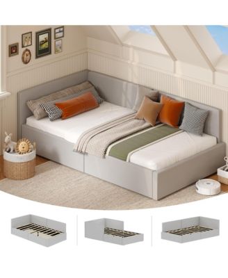 Upholstered Corner Bed Frame with Headboard and Guardrails, Adjustable Velvet Daybed for Bedroom or Guest Room