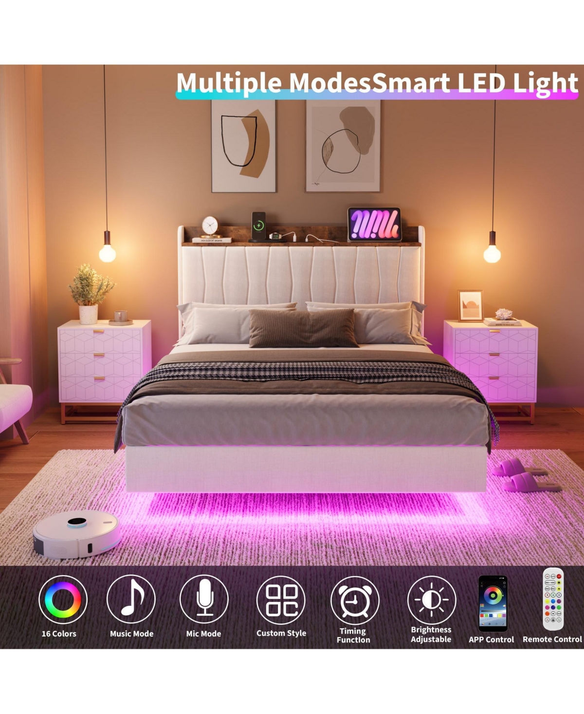 homfan Floating Platform Bed Frame with Led Lights, Charging Station and Storage Headboard, Upholstered Bed