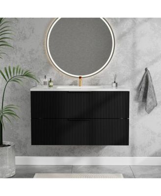 36" Modern Floating Vanity With Ceramic Sink, Fluted Wall-Mount Cabinet, 2 Drawers U-Shaped Cutout