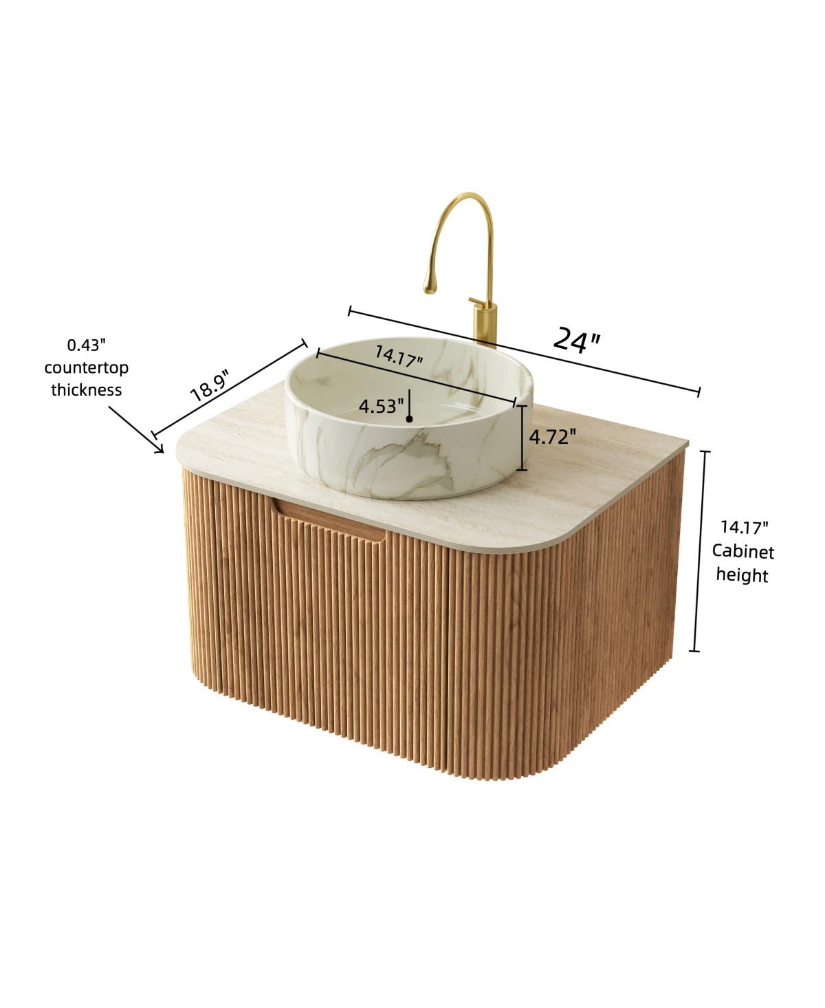 Sillysis Wall Mounted Bathroom Vanity with Sintered Stone Top, Round Ceramic Sink, Wood Grain Drawer