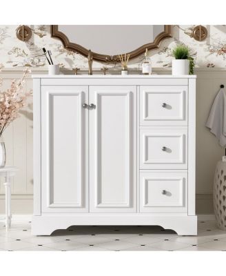   Modern Solid Wood MDF Vanity With Ceramic Sink, Soft-Close Doors Flip Drawer,Silver Handles Overflow