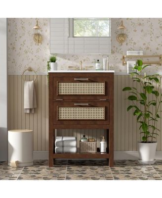 30"  Wood Grain Bathroom Vanity With Resin Sink, Adjustable Shelf Door Organizers, Soft-Close Hinges