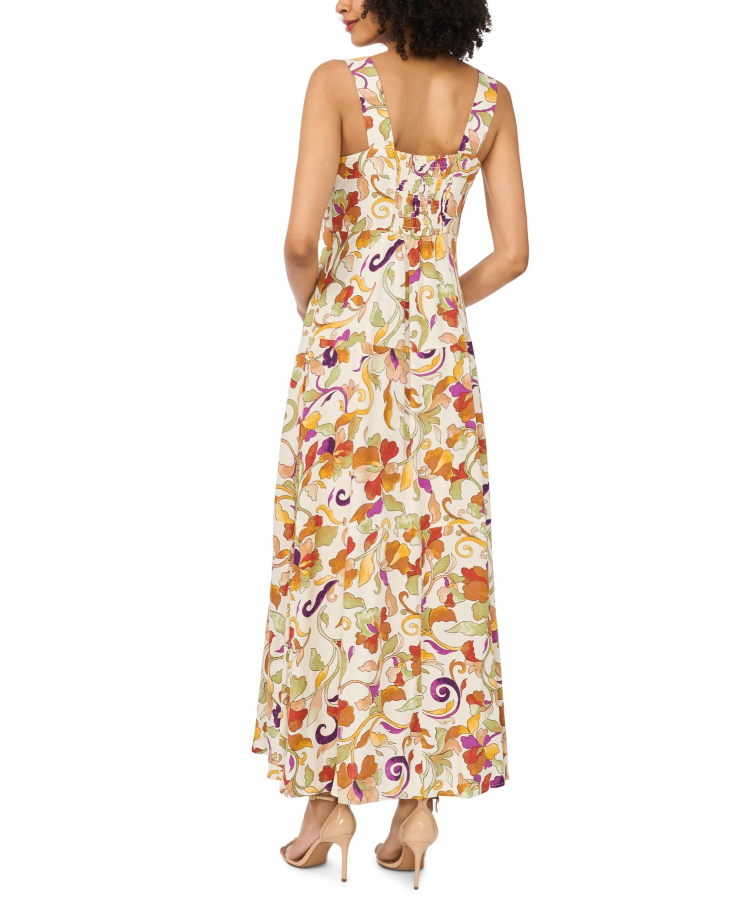 Women's Printed Square-Neck Smocked-Back Sleeveless Maxi Dress