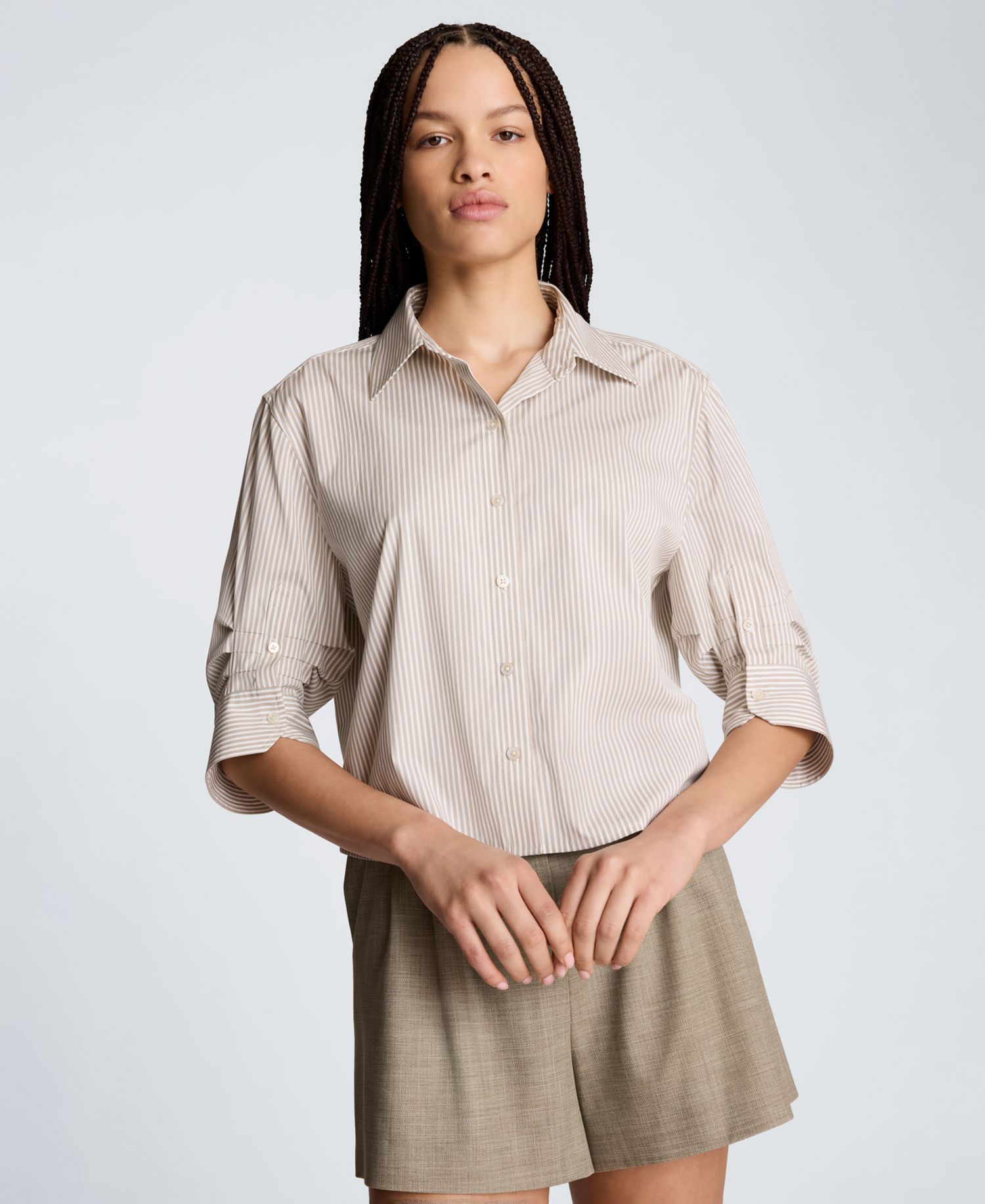 Women's Collared Striped Cropped Pleated Sleeves Button Down
