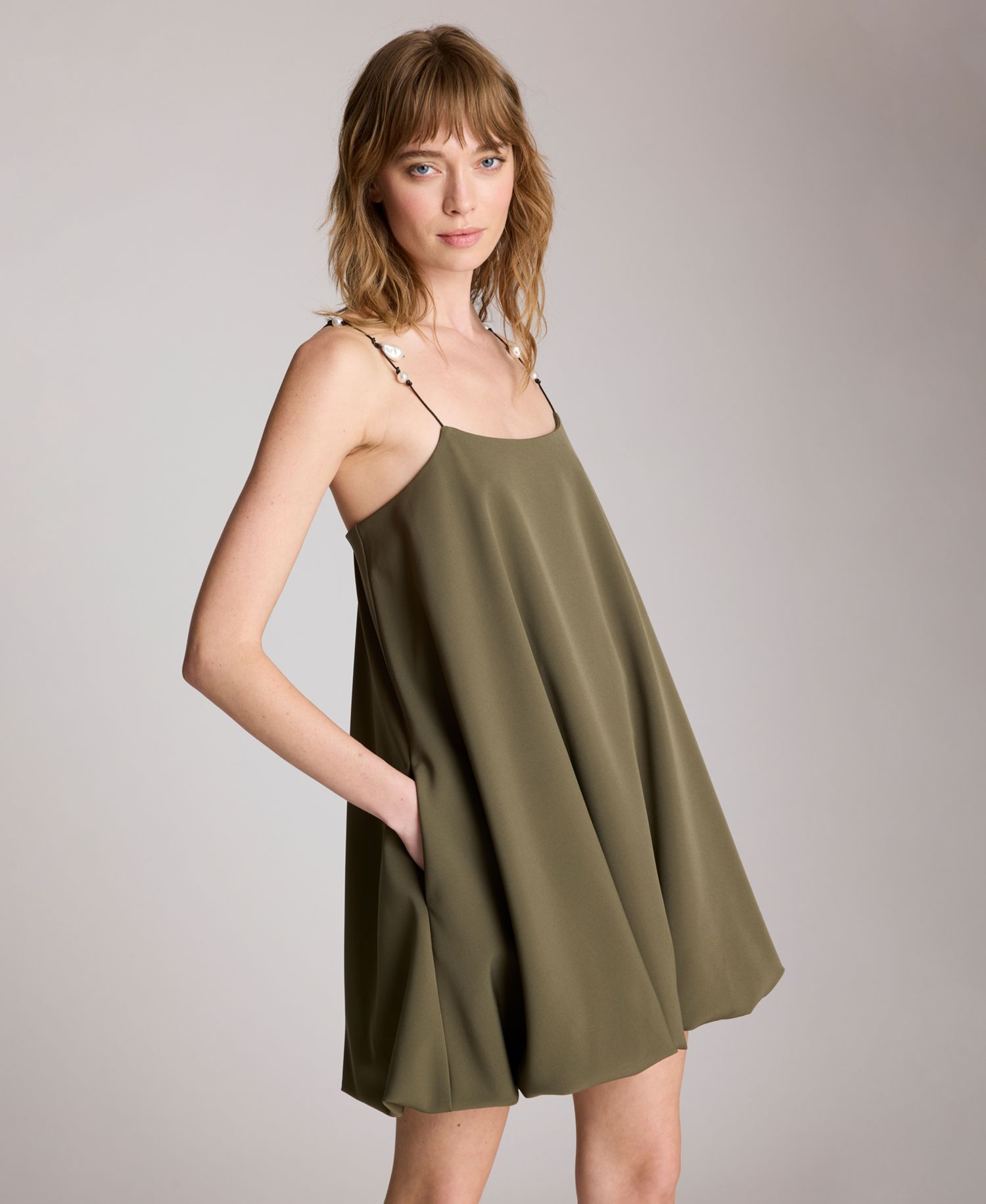 Women's Bubble Hem Mini Dress with Imitation Pearl Charm Straps