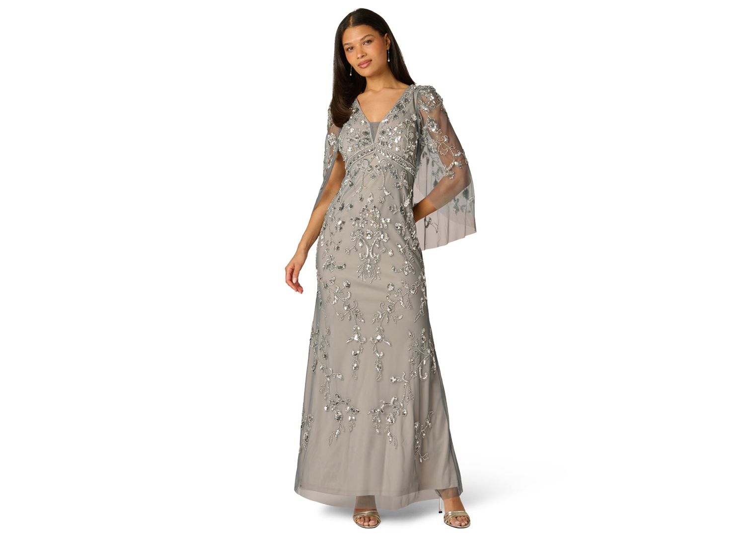 Women's Beaded Cape-Sleeve Gown