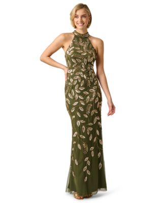 Adrianna Papell Women's Beaded Mesh Halter Neck Gown
