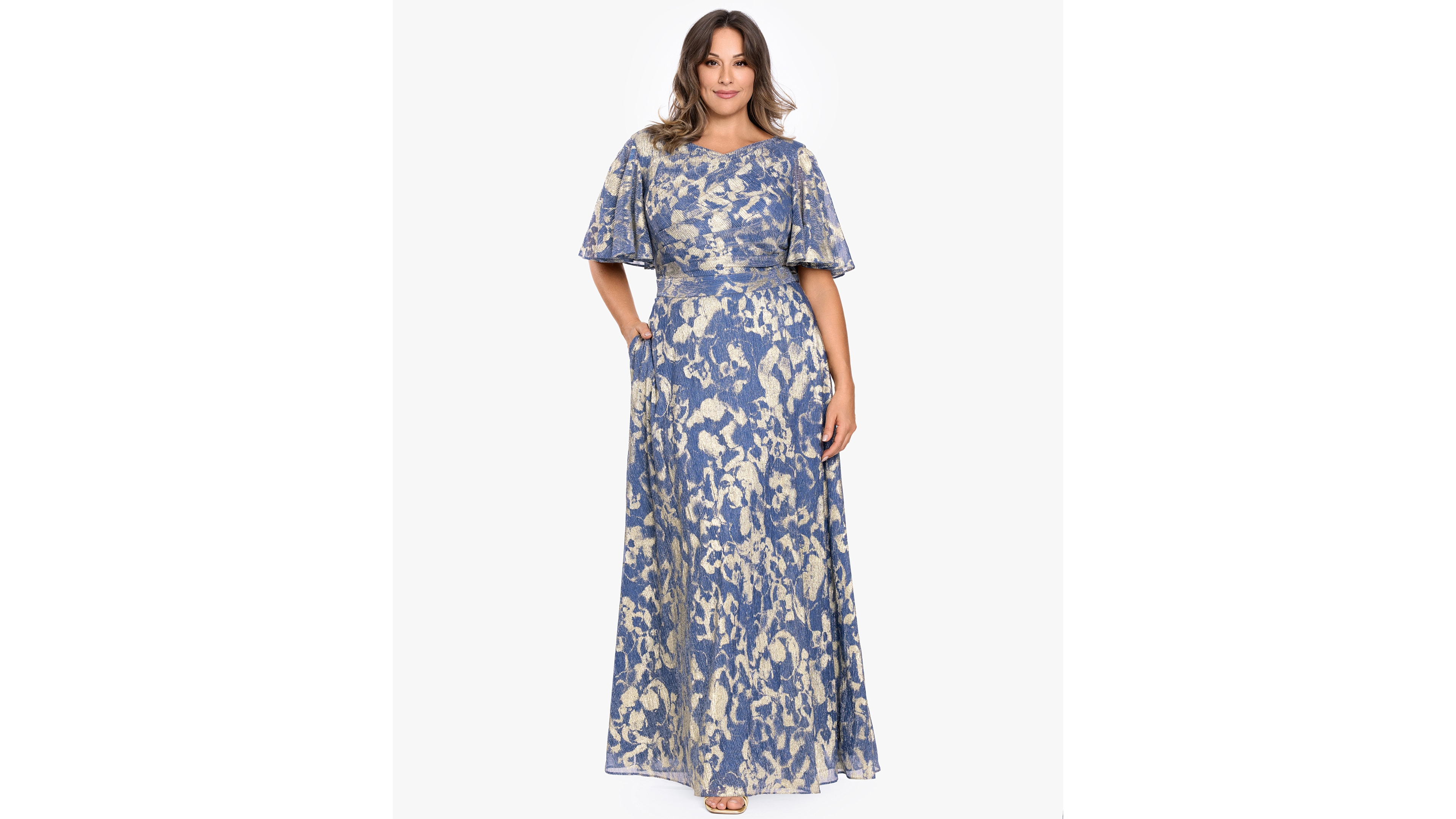 Betsy & Adam Plus V-Neck Foil Printed Gown