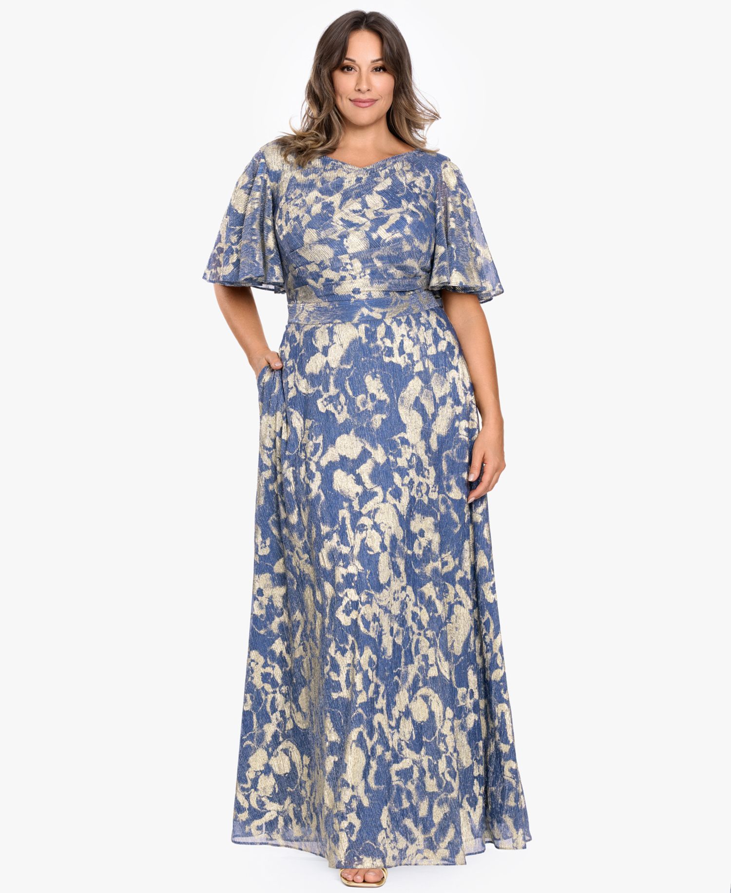 Plus Size V-Neck Foil Printed Gown